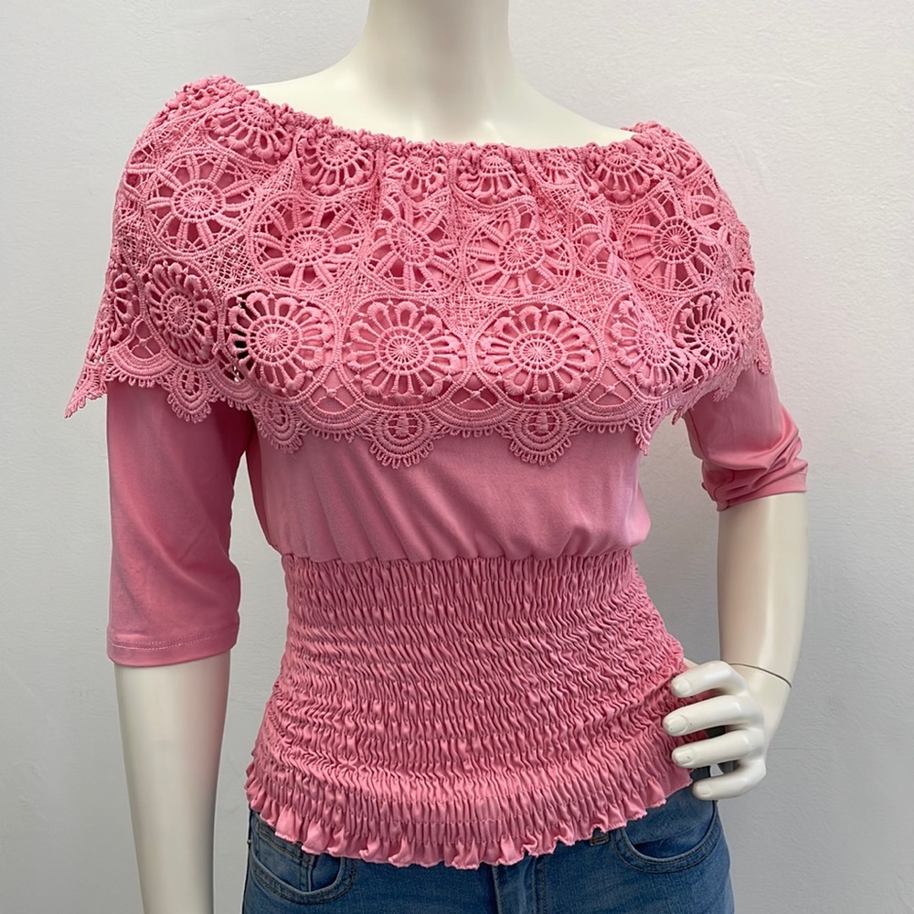 Pink Floral Guipure Lace Smocked Top